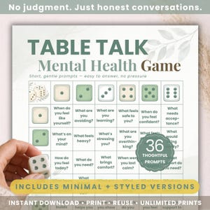 Puede incluir: Un juego de salud mental llamado "Table Talk" con preguntas para conversaciones honestas. El juego incluye 36 preguntas reflexivas e ilustraciones de dados. Disponible para descarga instantánea con versiones minimalistas y estilizadas.