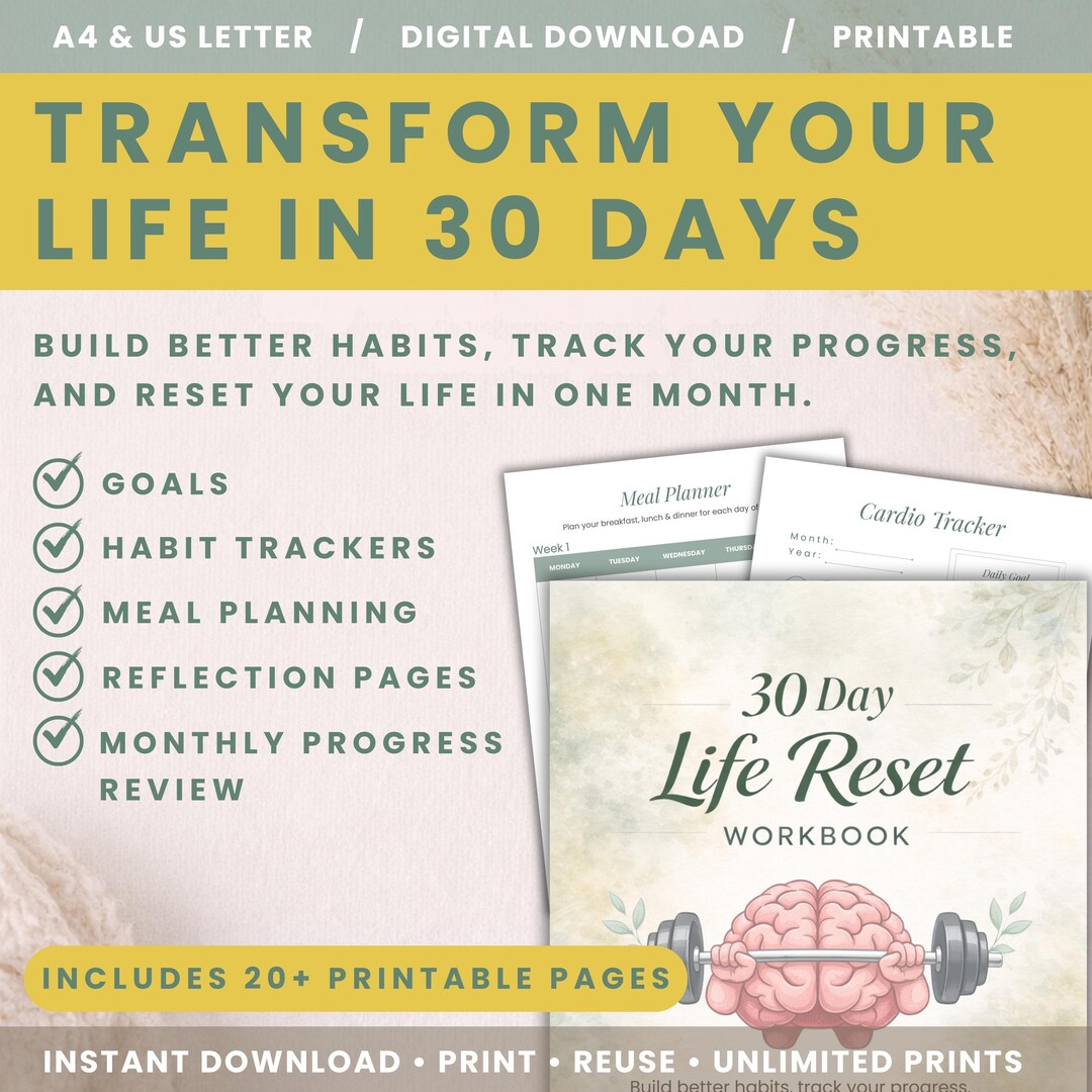 30 Day Life Reset Planner Printable | Habit Tracker, Self Improvement ...