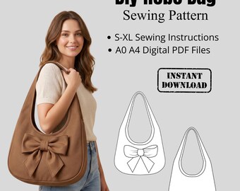 以下が含まれることがあります： 大きなリボンが付いた茶色のホーボーバッグ。画像には、「DIY Hobo Bag Sewing Pattern」、「S-XL Sewing Instructions」、および「Instant Download」というテキストを含む縫製パターンが表示されています。バッグは人が持っています。