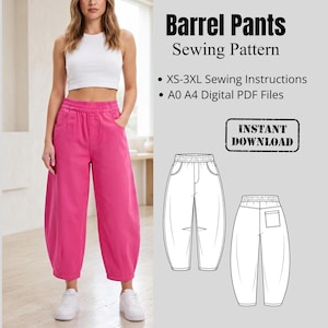 May include: A woman in a white top and vibrant pink barrel pants. The image displays a sewing pattern labelled "Barrel Pants Sewing Pattern" with "Instant Download". The pattern includes XS-3XL sewing instructions and A0 A4 digital PDF files.