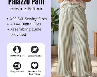 以下が含まれることがあります： パラッツォパンツの型紙。テキスト：Palazzo Pant Sewing Pattern, XSS-5XL Sewing Sizes, A0 A4 Digital Files, Assembling guide provided, Flattering Fit, Lightweight, Easy to Sew, Perfect for Everyday。緑色のストライプが入ったワイドパンツ。