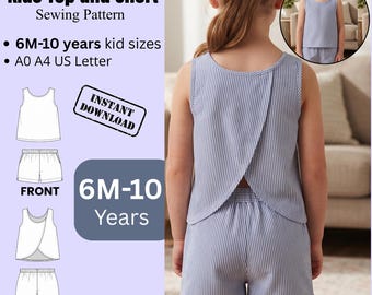 以下が含まれることがあります： 6ヶ月から10歳までの子供用トップスとショートパンツの型紙。A0、A4、USレター形式の即時ダウンロードが可能。青と白のストライプ柄のノースリーブトップスと、背中が重なるデザインのショートパンツのセットです。
