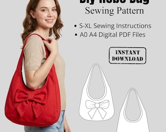 以下が含まれることがあります： 大きなリボンが付いた赤いホーボーバッグ。画像には、「DIY Hobo Bag Sewing Pattern」、「S-XL Sewing Instructions」、および「Instant Download」というテキストの縫製パターンも表示されています。