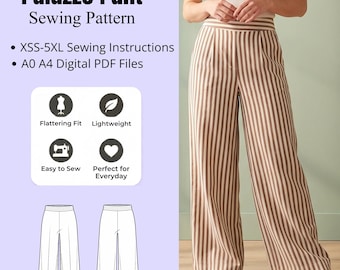 Op de afbeelding: Een digitaal naaipatroon voor een palazzo broek met bruine en witte verticale strepen. Het document bevat instructies voor de maten XSS-5XL en A0 A4 PDF-bestanden. Het ontwerp toont een broek met hoge taille en wijde broekspijpen.
