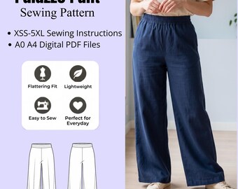 Op de afbeelding: Een digitaal naaipatroon voor een palazzo broek, met de tekst Palazzo Pant Sewing Pattern, XSS-5XL Sewing Instructions en A0 A4 Digital PDF Files. De afbeelding bevat iconen voor pasvorm, gewicht en naaien, plus een lijntekening van de broek.