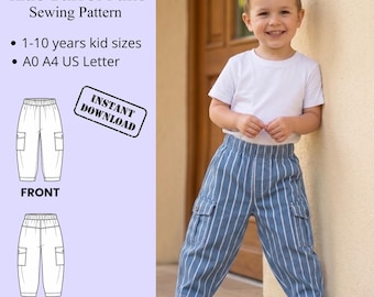 Op de afbeelding: Een naaipatroon voor een kinderbroek met tonmodel, inclusief de tekst Kids Barrel Pant Sewing Pattern, 1-10 years kid sizes, A0 A4 US Letter en Instant Download. De afbeelding bevat technische lijntekeningen van de voor- en achterkant.
