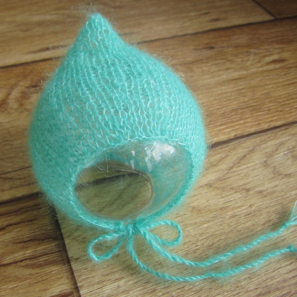 Newborn Mint Green Luxury Lightweight Lace Mohair Silk Knit Pixie Bonnet - Ready to Ship Photography Prop, RTS Photo Prop