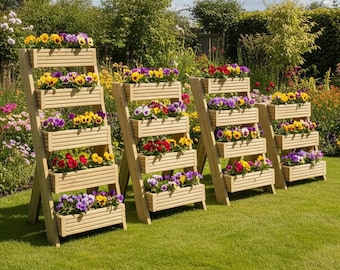 Handmade Wooden Tiered Planter – Vertical Garden for Herbs, Strawberries, Flowers – UK Outdoor Patio Planter