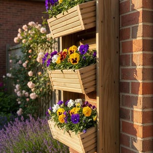 May include: A wooden, three-tiered planter box filled with vibrant pansies in shades of yellow, purple, white, and red. The planter is attached to a brick wall. The background features a garden with flowers and greenery.
