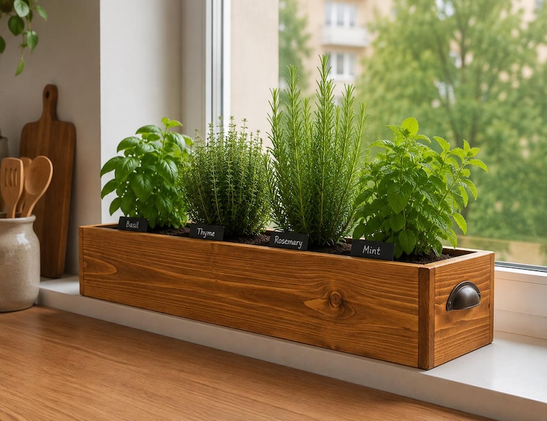 Wooden Herb Box Planter | Kitchen Windowsill Indoor Garden | Rustic ...