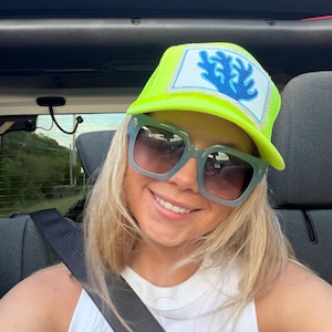 Bright Yellow Trucker Hat with Hand-Painted Blue Coral Patch
