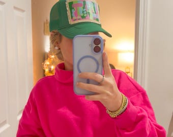 Hand-painted Kelly green patch trucker hat
