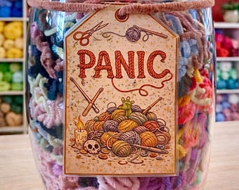 Cottagecore "Panic!" Goblin Tag for Yarn Scrap Jar, WIPs and Yarn Stash︱Gift for Fiber Artists, Knitters, Crocheters