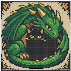 May include: A pixelated illustration of a black cat nestled within a green dragon. The dragon's body forms a circle around the cat, with gold accents on its horns and claws. The background is a beige grid with decorative corner elements.