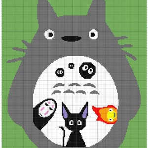 May include: A pixelated illustration of Totoro, a large grey forest spirit, with a white belly. Inside the belly are other characters, including a black cat, a goldfish, and a ghost-like figure, all on a green grid background.