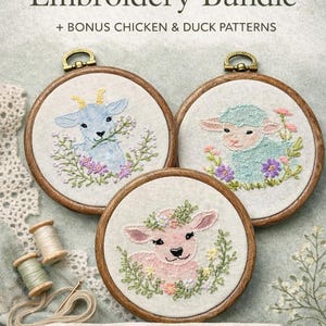 Farm Animal Embroidery Pattern Bundle | Beginner Cow, Goat, Lamb, Chicken, Duck Designs (PDF Download)