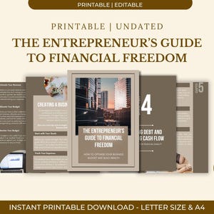 Può includere: Una guida digitale intitolata "The Entrepreneur's Guide to Financial Freedom" con un'immagine di paesaggio urbano sulla copertina. La guida include sezioni sulla creazione di un'attività, la gestione del debito e la costruzione di ricchezza. Il PDF scaricabile è di 70 pagine ed è disponibile in formato lettera e A4.