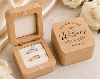 Personalisierte Eheringbox aus Holz, gravierter Doppelringhalter, individuelles Geschenk für Paare, Verlobungsbox, helles Holz