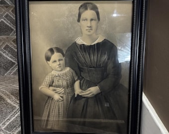 Large Antique Hand Colored Photo Portrait Of Woman & Child Framed 16x21” 19th century