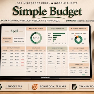 May include: A digital budget planner displayed on a MacBook Pro. The screen shows a financial dashboard with charts and tables for tracking income, expenses, and savings. The words "Simple Budget" are at the top. Includes Google Sheets and MS Excel icons.