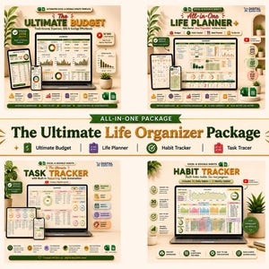 May include: A digital bundle featuring The Ultimate Life Organizer Package, including an Ultimate Budget, Life Planner, Task Tracker, and Habit Tracker. Each section displays Excel and Google Sheets templates on laptop, tablet, and phone screens.