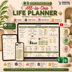 ADHD Livsplanerare Google Sheets Excel Daglig planerare Budgetspårare Vanespårare Produktivitetskalkylblad Månadsvis Veckokalender Rutin