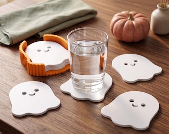 Ghost Coaster Set with Holder, 5 3D Printed Halloween Drink Coasters