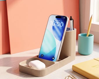 Phone Holder Desk Organizer with Adjustable Phone Stand and AirPods Tray