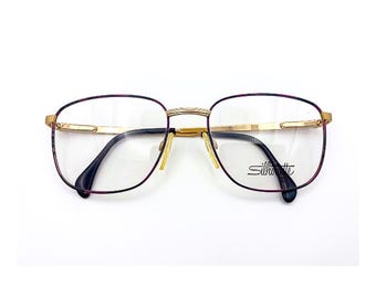1990s SILHOUETTE Vintage Eyeglasses | Black Purple Gold Rectangular Square Metal Frames | Authentic Deadstock Eyewear