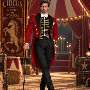 Op de afbeelding: Een rode pandjesjas met zwarte revers en gouden knopen, gedragen over een zwart vest met gouden vlechtwerk en een wit overhemd. De outfit bevat een zwarte broek, een witte vlinderdas en een zwarte wandelstok met een gouden handvat.