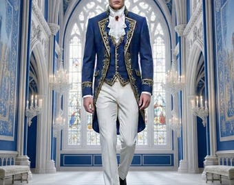 Abrigo azul marino para hombre, conjunto de frac azul marino bordado: atuendo de boda victoriano