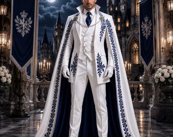 May include: A white suit featuring a waistcoat, trousers, and a high-collared jacket with blue floral embroidery. A long cape with a deep blue lining and matching blue embroidery drapes from the shoulders, secured by a silver chain and brooches.