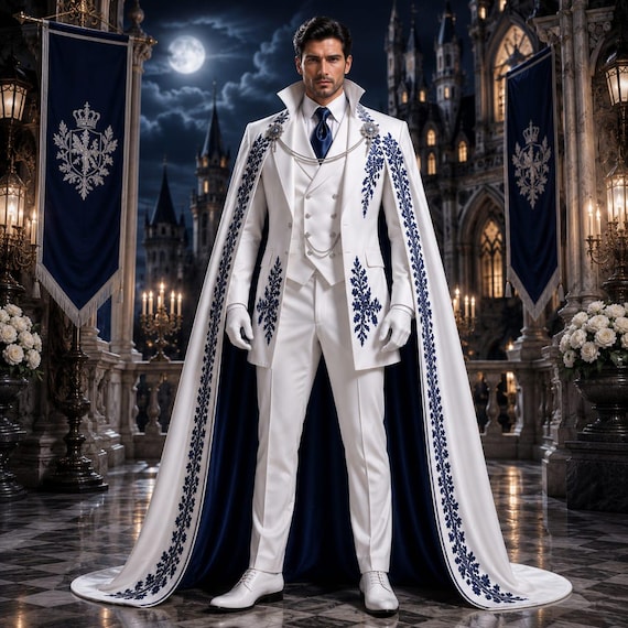 White Gothic Wedding Suit Men with Royal Cape, Prince Charming Tuxedo, Victorian Groom Outfit, Luxury Tailcoat, Custom Formal Wedding Jacket