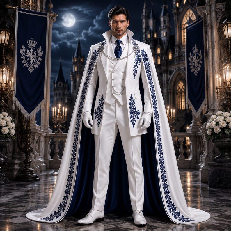 Puede incluir: Un traje blanco que incluye chaleco, pantal&oacute;n y chaqueta de cuello alto con bordados florales azules. Una capa larga con forro azul intenso y bordados a juego cae desde los hombros, sujeta por una cadena plateada y broches decorativos.