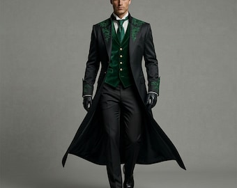 Men’s Gothic Tailcoat Suit – Black Victorian Coat, Green Waistcoat, Pants