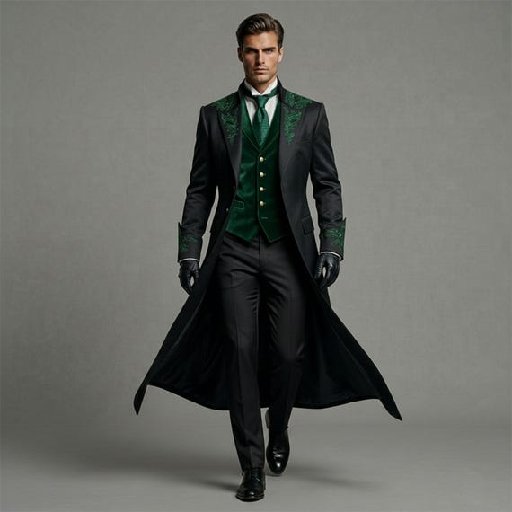 Men’s Gothic Tailcoat Suit – Black Victorian Coat, Green Waistcoat, Pants