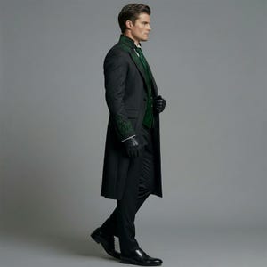 May include: A dark gray long coat with green embroidered detailing on the collar and sleeves. The coat is worn over a green vest and black pants. The outfit is completed with black gloves and shoes.