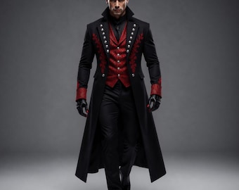 Men's Black Victorian Gothic Tailcoat with Red Brocade Vest – Vampire Cosplay Formal Wear