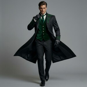 May include: A formal black suit with a long coat, green velvet vest, and matching tie. The coat features green embroidered detailing on the lapels and cuffs. The ensemble is completed with black gloves and dress shoes.