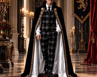 Capa gótica victoriana para hombre / Abrigo de vampiro real bordado en terciopelo negro / Capa de boda medieval renacentista / Halloween