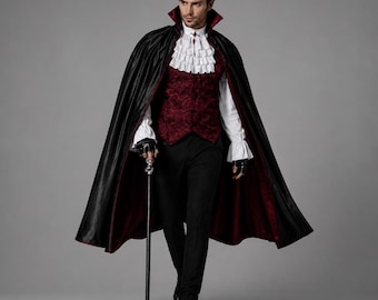 Gothic-Vampir-Umhang-Kostüm für Herren, rote Brokatweste, viktorianisches Dracula-Outfit
