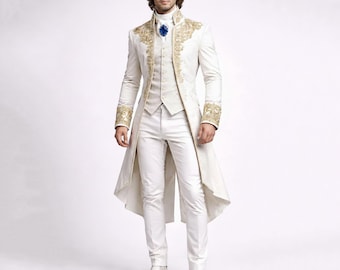 White Gothic Tailcoat, Victorian Prince Coat, Gold Embroidered Wedding Formal Outfit