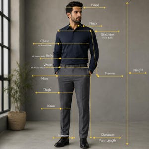 Puede incluir: Una camisa de manga larga azul marino oscuro y pantalones gris carb&oacute;n con l&iacute;neas de medici&oacute;n discontinuas amarillas y etiquetas de texto que indican las dimensiones del cuerpo, incluyendo cabeza, cuello, hombro, pecho, vientre, cintura y cadera.