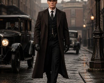 May include: A person wearing a dark brown wool overcoat, a black three-piece suit with a white collared shirt and black tie, a black newsboy cap, and black leather gloves. A gold pocket watch chain is visible attached to the black vest.