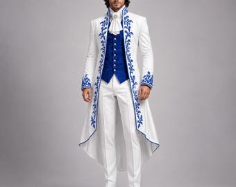 Frac victoriano blanco para hombre, bordado azul real, traje de boda gótico, abrigo de príncipe