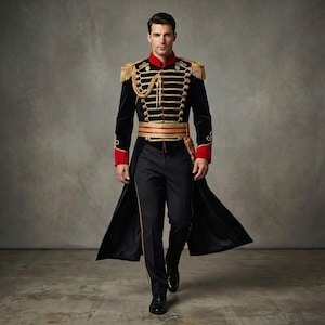 Puede incluir: Una chaqueta negra de estilo militar con adornos dorados, charreteras y botones. La chaqueta tiene cuello y puños rojos, combinada con pantalones negros y un cinturón dorado y rojo. El atuendo se completa con zapatos negros.