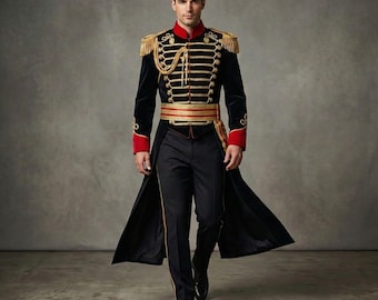 Viktorianische Husaren Uniform Herren Schwarz & Gold Militär Tailcoat Set