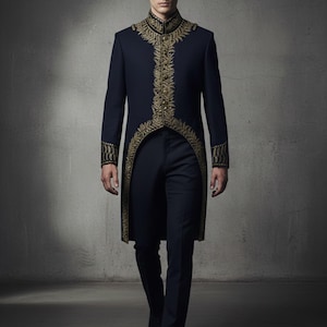 Men's Navy Blue Embroidered Sherwani | Royal Wedding Outfit