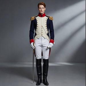 Può includere: Un'uniforme militare storica. La giacca blu navy ha spalline dorate, dettagli rossi e un gilet color crema. L'outfit comprende pantaloni bianchi, stivali neri e una spada. La persona indossa guanti bianchi.