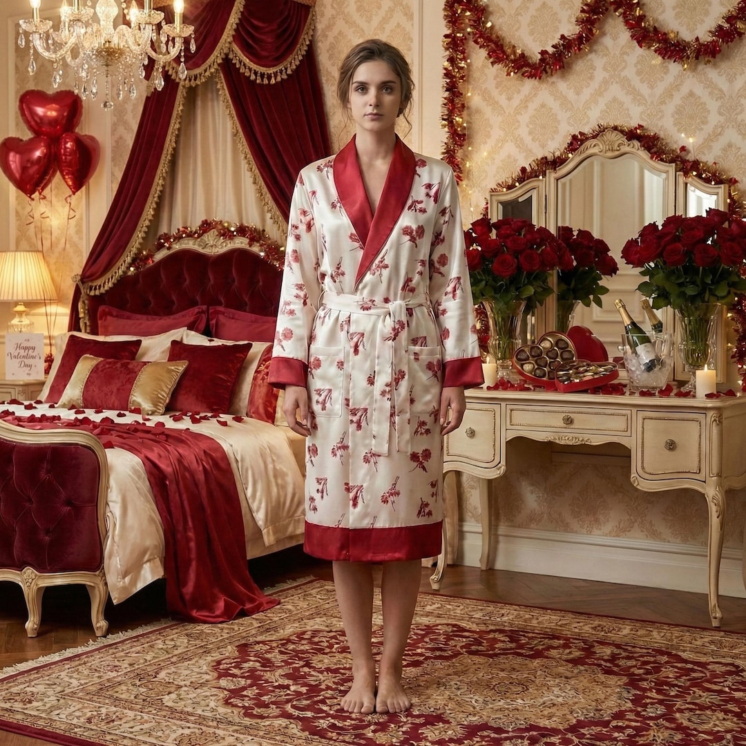 Women Floral Satin Robe – Luxury Valentine’s Day Lounge Robe | Romantic ...